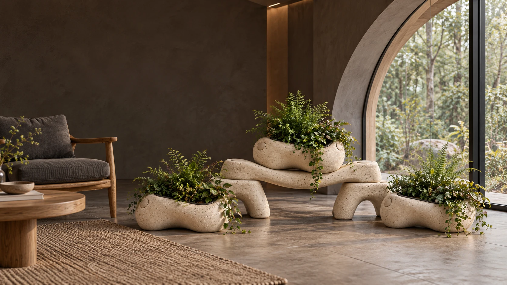 Six-piece Chalk Stack garden beside a lounge chair in a forest pavilion