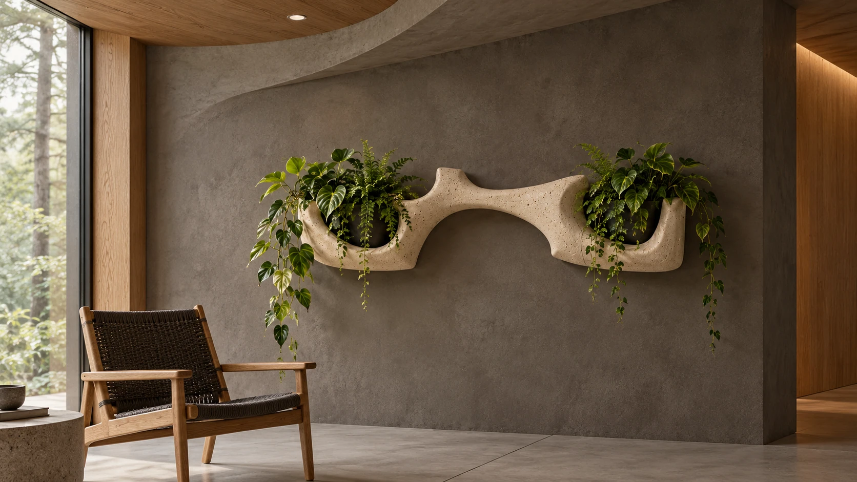 Two planted Surface pockets linked by a sculptural arch on a plaster wall